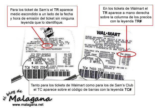 Donde aparece el TR y TC de los ticket de Sams y Walmart