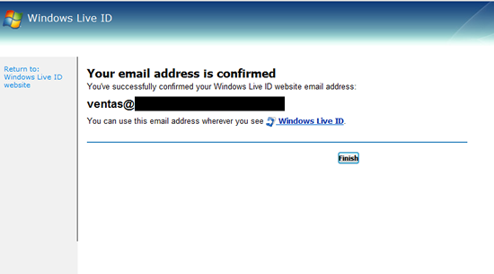 Paso 2: Cuenta de Windows Live ID confirmada