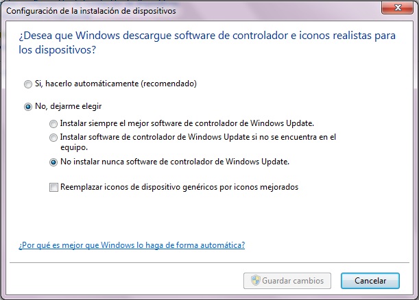 Instalación automática de controladores en windows 7