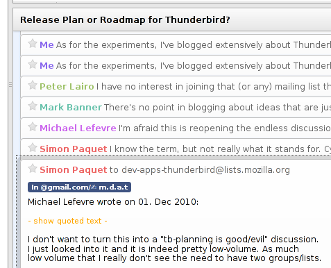 Una conversación en la interfaz de Mozilla Thunderbird