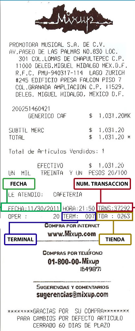 Ticket de compra de iShop y Mixup para facturación electrónica