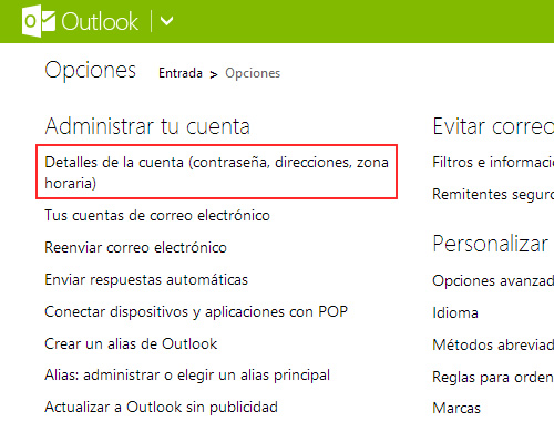 Como ajustar la hora de la fecha de entrada de Outlook.com