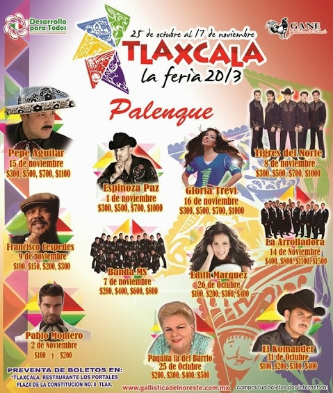 Cartel de artistas, con fechas y precios del Palenque Feria Tlaxcala 2013