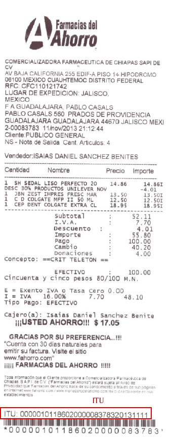 Facturación electrónica farmacias del Ahorro, donde aparece el ITU