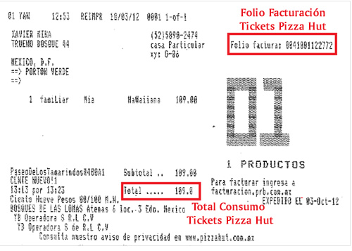 Te indicamos los elementos importantes de los tickets de consumo de Pizza Hut México para sacar tus facturas electrónicas por Internet.
