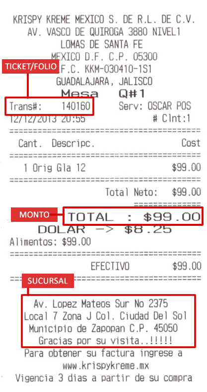 Ticket que muestra los elementos solicitados para la generación de facturas electrónicas de  Krispy Kreme México.