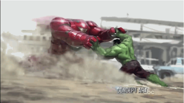 Hulk luchando contra Tony Stark bajo la armadura Hulkbuster