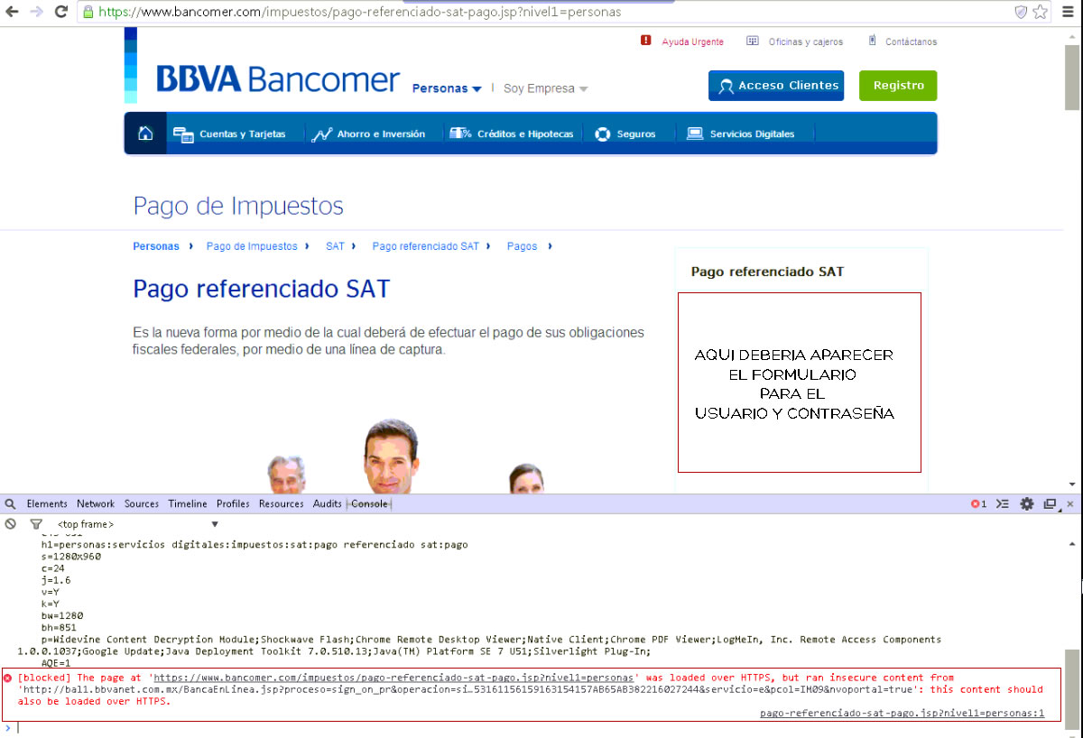 Al tratar de procesar el pago referenciado de SAT en Bancomer no aparece usuario y contraseña  en la imagen se muestra el error que manda el navegador de manera bastante clara.