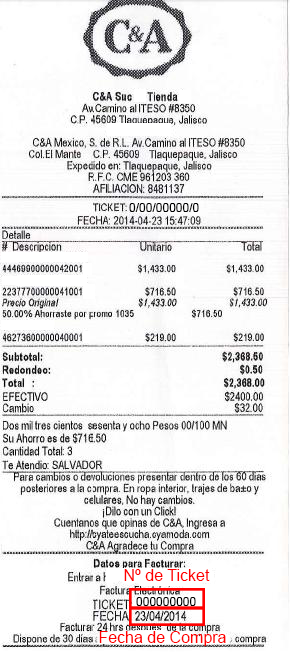 Ticket para facturación electrónica C&A