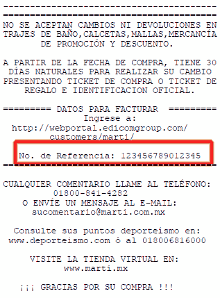 Te indicamos donde aparece el número de referencia en tu ticket para poder generar las facturas electrónicas de tus compras en Deportes Martí