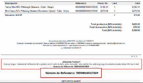 Te indicamos donde aparece el numero de referencia en tu ticket para poder generar las facturas electrónicas de tus compras en Deportes Marti