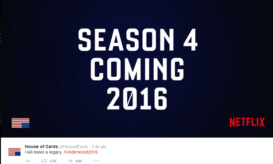 Tweet que confirma la 4 temporada de House of Cards