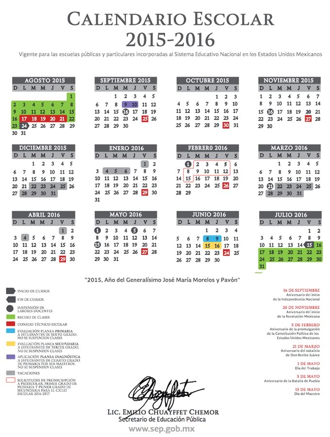 Este es el calendario escolar para el ciclo 2015 al 2016