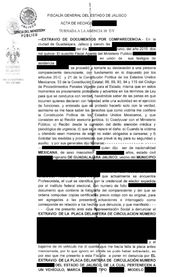 Este es el documento que se obtiene al presentar una denunciar por extravio , robo de placas o documentos en el estado de Jalisco