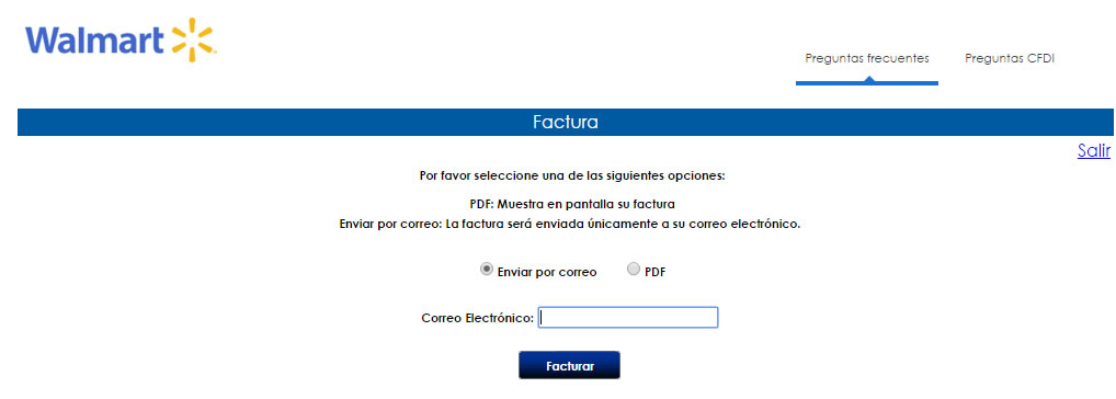 Selección de forma de entrega de factura Walmart