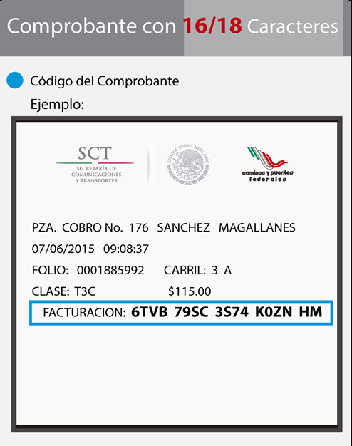 Ejemplo de ticket de cruce CAPUFE de 16 a 18 digitos