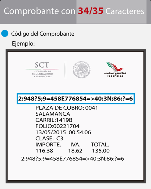 Ejemplo de ticket de cruce CAPUFE de 34 a 35 digitos