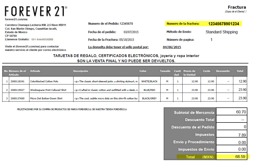 Ejemplo de recibo de compra en linea de Forever21 para Facturación Electrónica