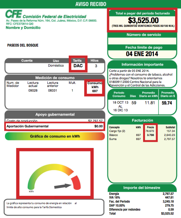 En el siguiente recibo podemos ver como se eliminan los subsidios normales a la tarifa de la luz al entrar a la tarifa DAC.