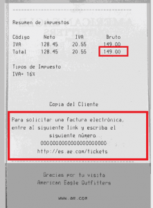 Elementos del Ticket de American Eagle Outfitters para Facturación Electrónica 