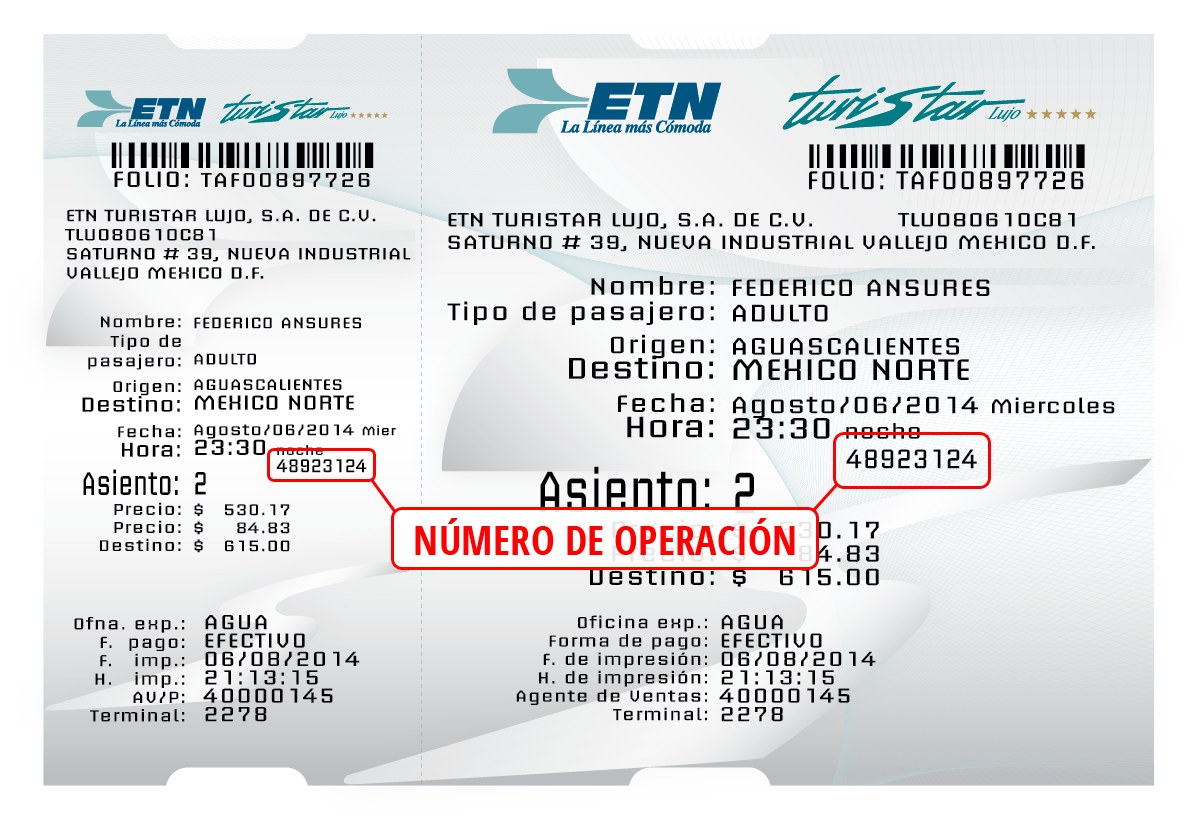 Número de operación en ticket de ETN Turistar para obtener la factura electrónica.