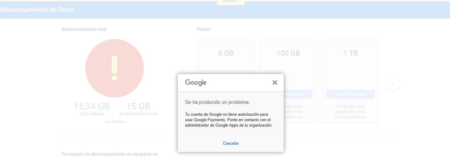 Solución al mensaje de  G Suite de Google Payments no esta activado al incrementar espacio en la cuenta.