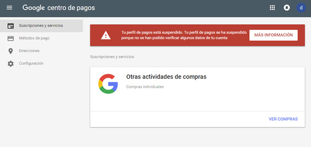 Google Payments Perfil de Pago Suspendido